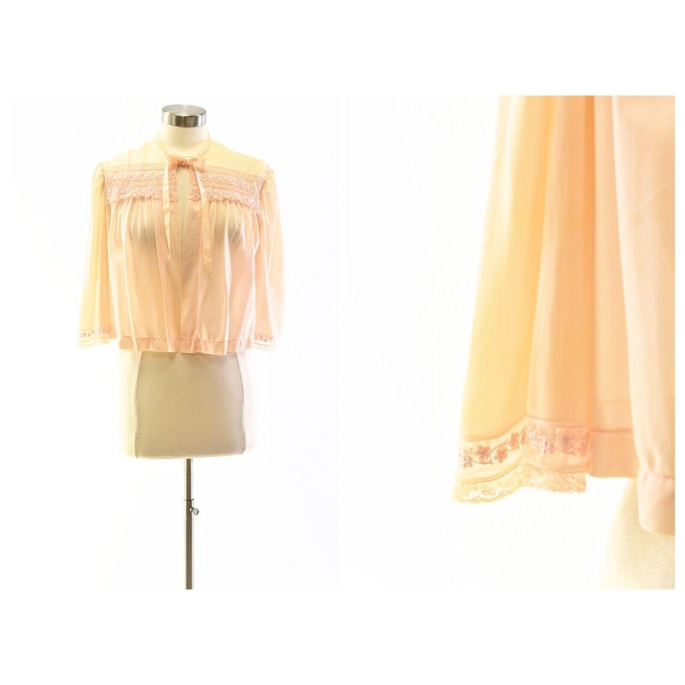 60s Vintage Peach With Tonal Lace Trim Bed Jacket Fairie Size M Sheer